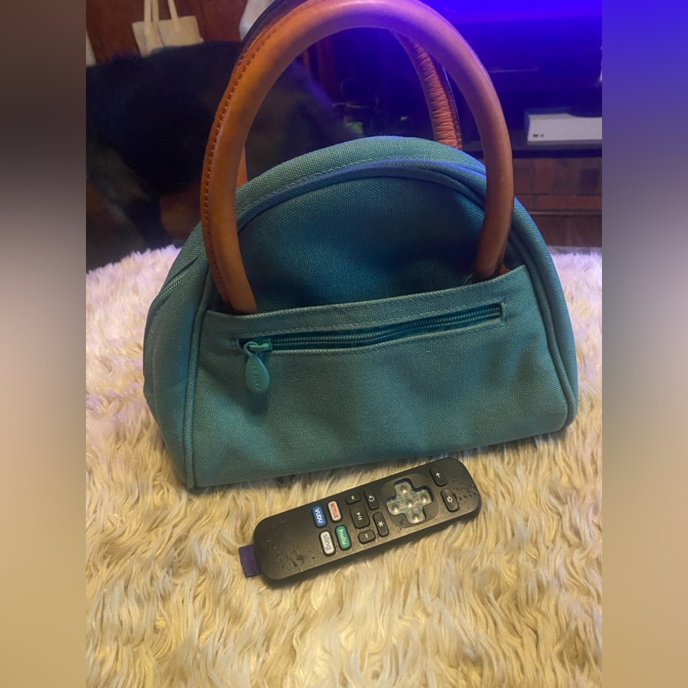 East 57 Bowler Style Handbag Teal Canvas Body with Tan Handles